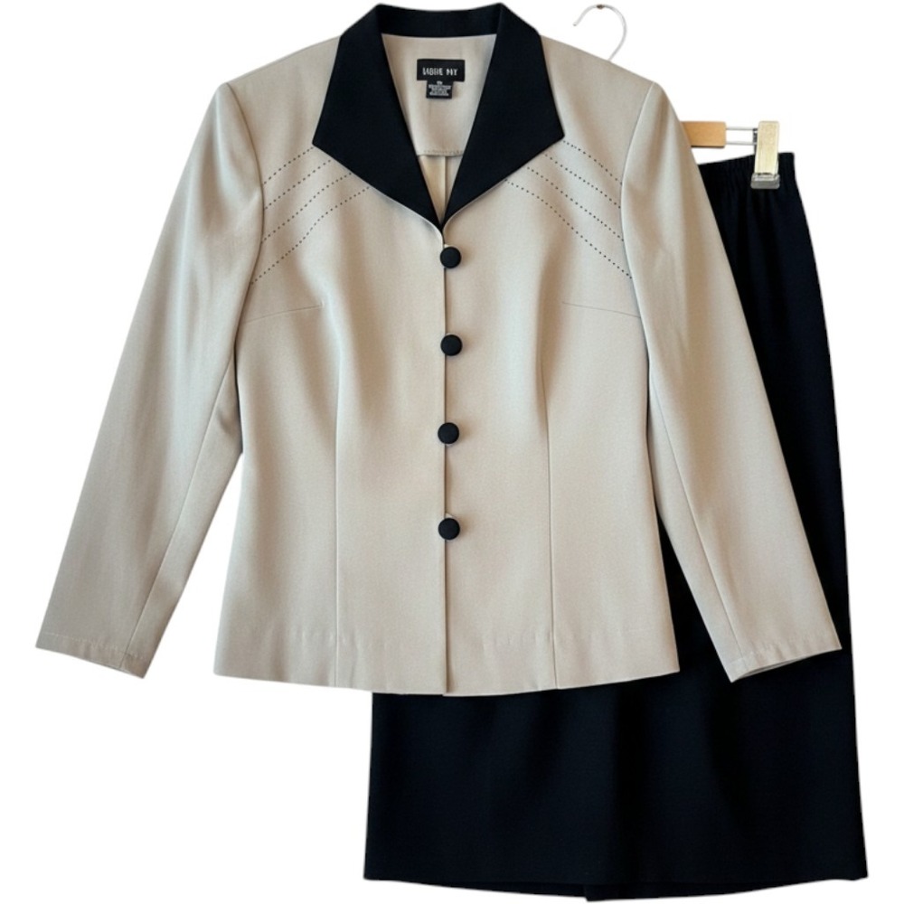Leslie Fay Skirt Suit Set Womens 10 Beige‎ Black Excellent Professional Office